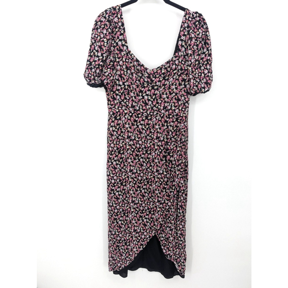 Charles Henry Dress Womens Medium Black Floral Puff‎ Sleeve Midi Smocked V Neck